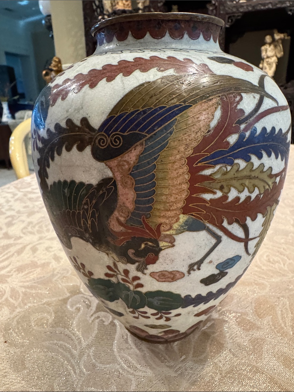 Antique Chinese Cloisonné Phoenix Vase 7 1/4” Tall AS-IS